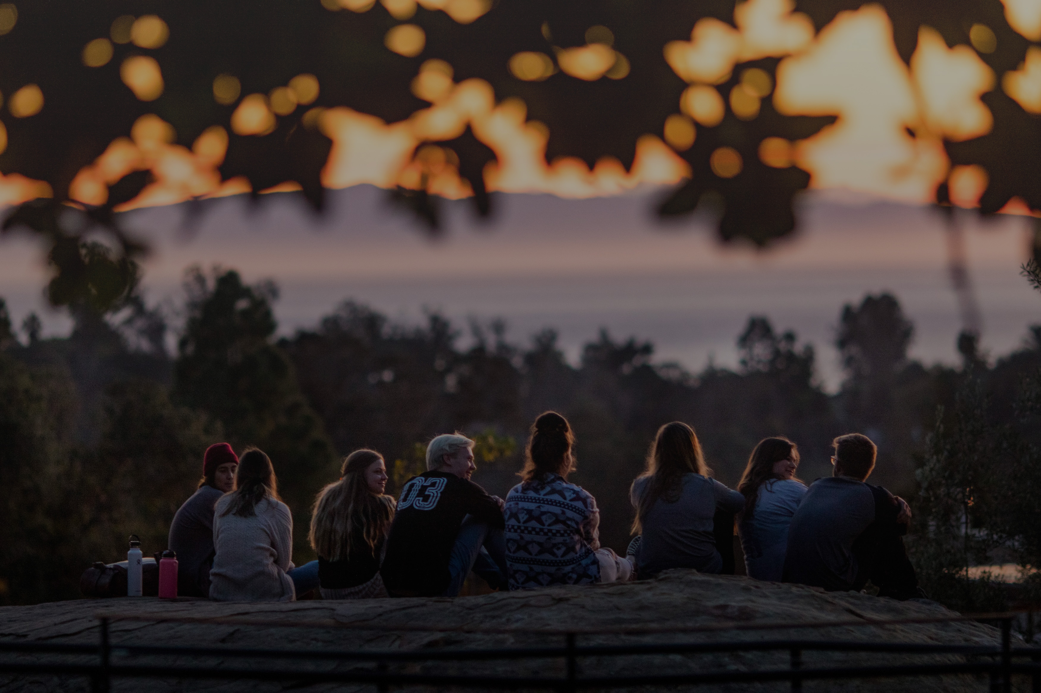 students sitting on rock looking out at view