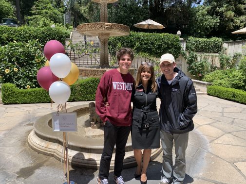 Westmont's Irene Neller stands between scholarship winners Joseph Helm and Luke Perez