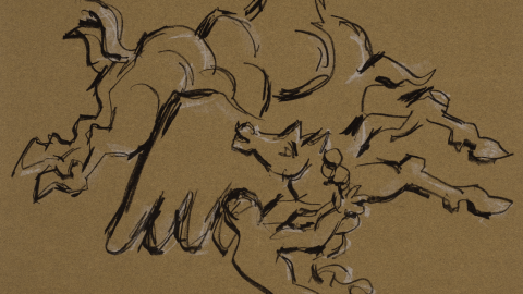 Subdued print of man wrestling winged horse.