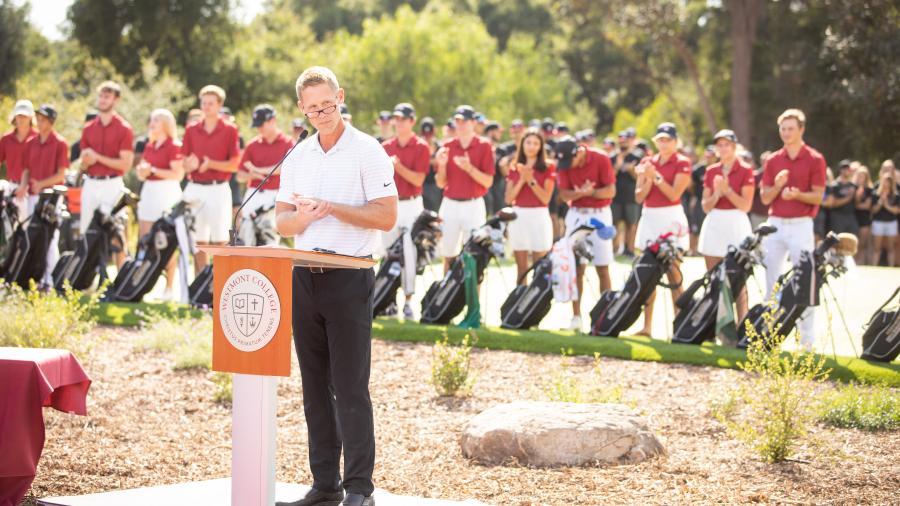 Head Coach Tom Knecht speaks at the ceremony