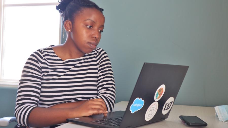 Adeline at her computer