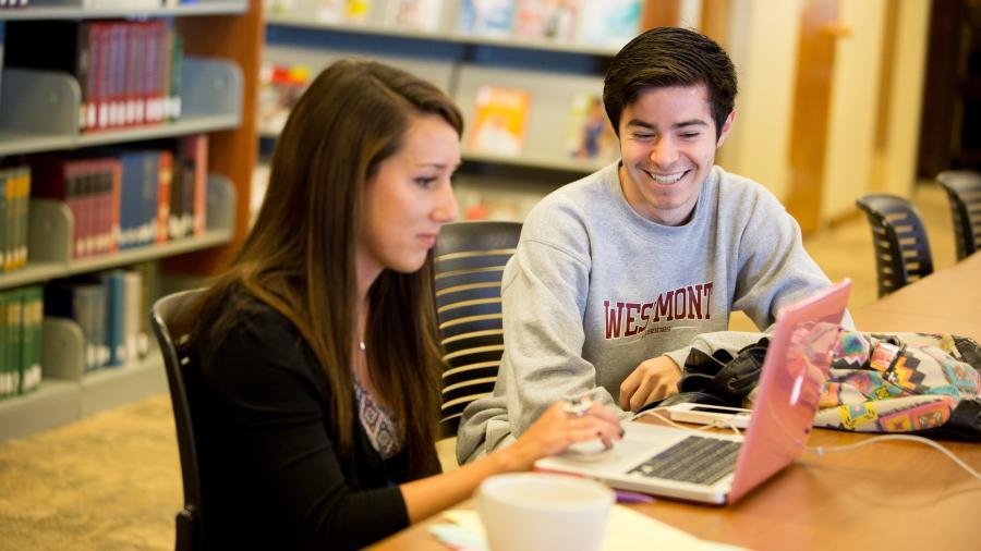 Students working on laptop in library